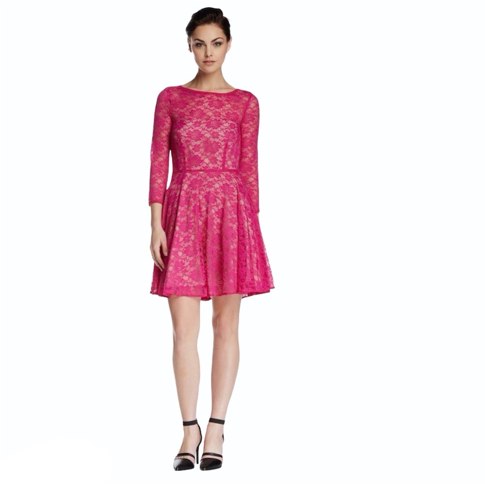 FRENCH CONNECTION FUCHSIA PINK LACE LIZZIE FIT & FLARE LONG SLEEVE DRESS